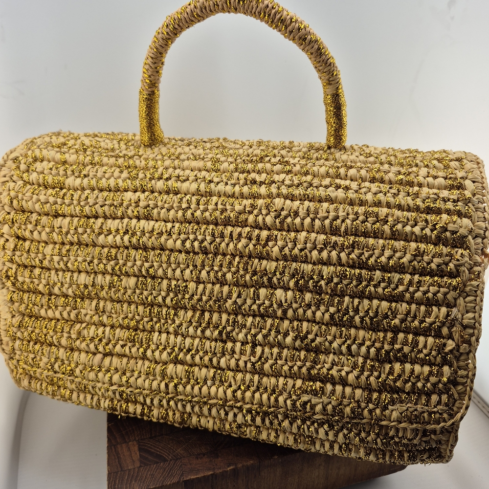 Woven Straw Top-Handle Bag in Gold and Cream